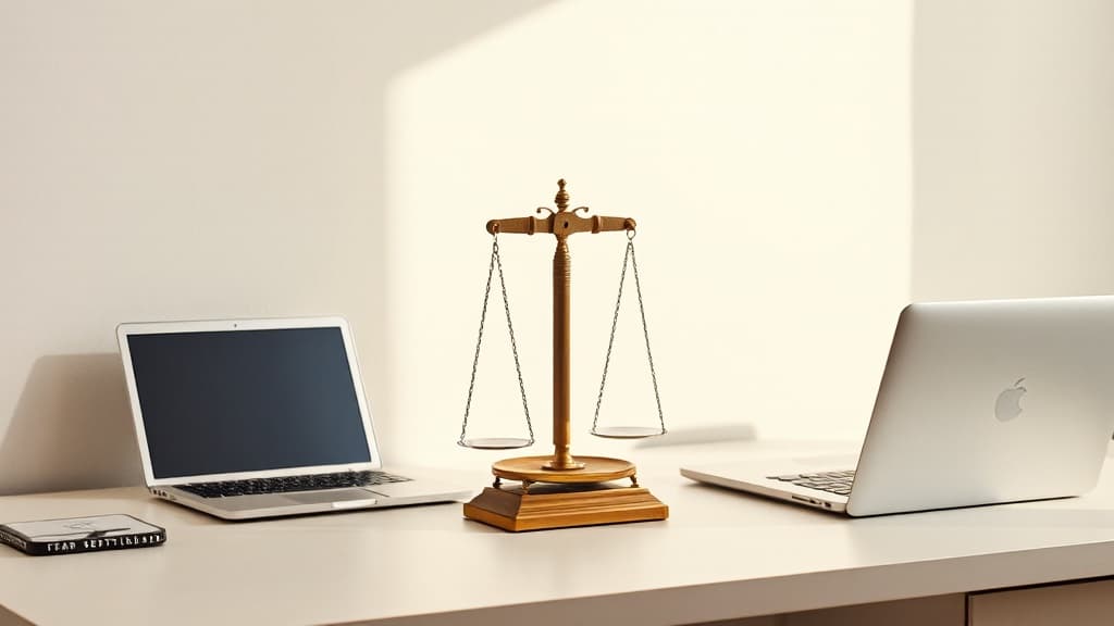 Bilancia della giustizia accanto a un laptop, luce drammatica